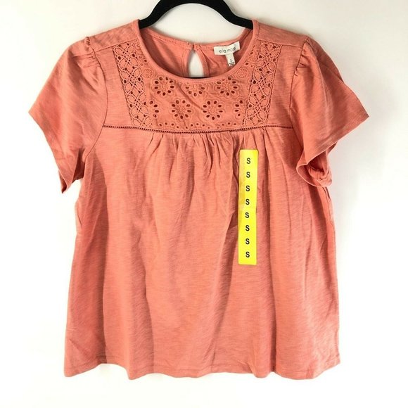 Ella Moss Womens Top Blouse Slub Knit Embroidered Keyhole Orange Size S - Picture 1 of 6